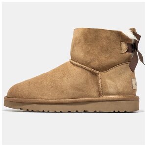 Жіночі зимові UGG Classic Mini Bailey Bow Brown, коричневі замшеві уггі класик міні з бантом черевики угі