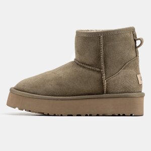 Жіночі зимові UGG Classic Mini Platform Khaki, хакі замшеві уггі міні на платформі уги зима