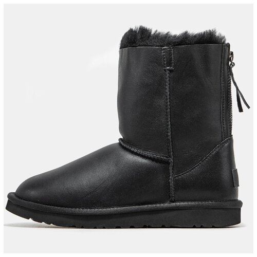 Жіночі зимові UGG Classic Short II ZIP Boot Black Leather чорні шкіряні уггі класик шорт блискавка черевики угі