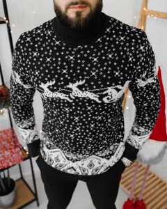 Зимний новогодний шерстяной черный свитер с оленями теплый (унисекс)