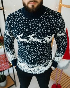 Зимний новогодний шерстяной синий свитер с оленями теплый (унисекс)