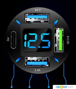 Автомобільний зарядний адаптер з 3 USB, type-C і вольтметром