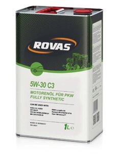 Rovas 5W-30 С3 (1 л) Повністю синтетичне моторне масло класу Mid SAPS для легкових автомобілів