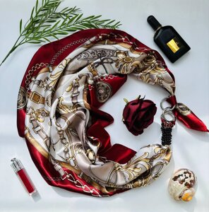 Дизайнерська хустка "Червона троянда та золото" від бренда My Scarf, натуральні камені