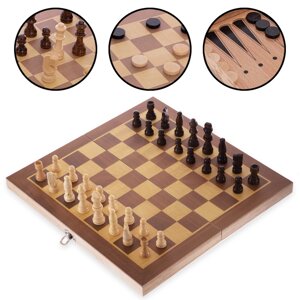 Шахи, шашки, нарди 3 в 1 дерев'яні W3517 (фігури-дерево, р-р дошки 35см x 35см)