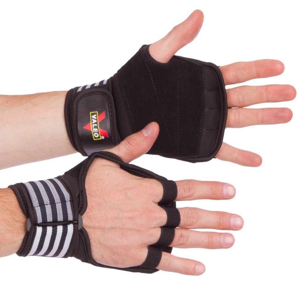 Атлетичні рукавички для силових вправ і фітнесу з фіксатором зап'ястя VALEO TA-4419 L-XL чорний-білий від компанії Спортивний інтернет - магазин "One Sport" - фото 1