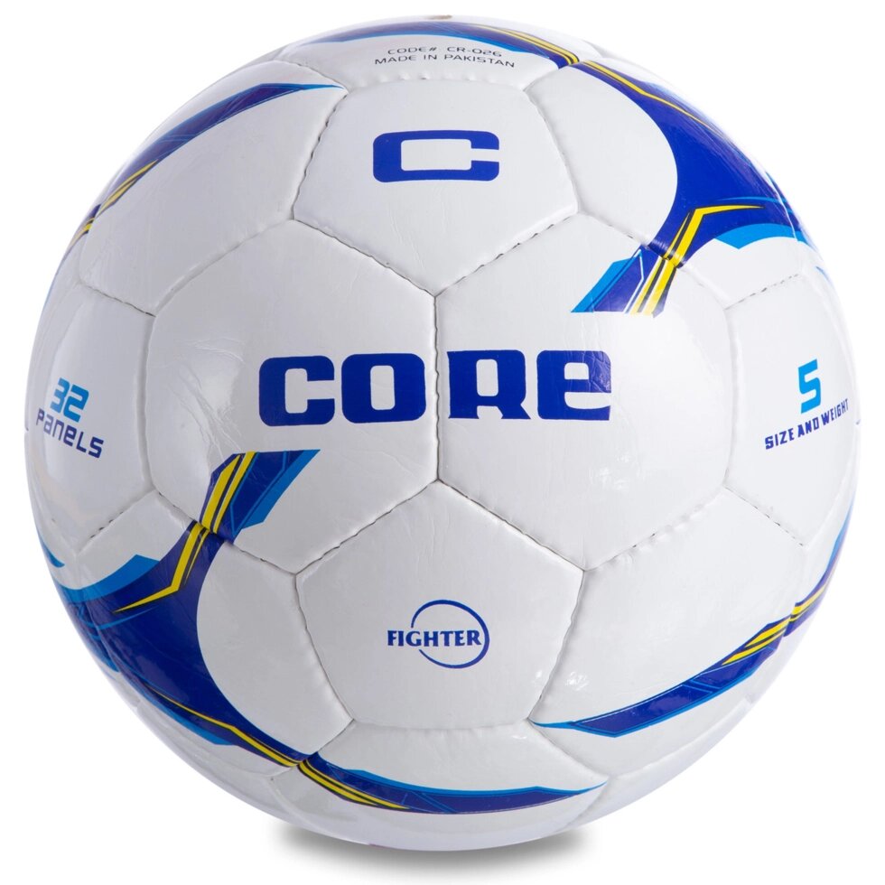 М'яч футбольний №5 PU SHINY CORE FIGHTER CR-026 (№5, 4 сл., зшитий вручну, білий-синій-блакитний) від компанії Спортивний інтернет - магазин "One Sport" - фото 1