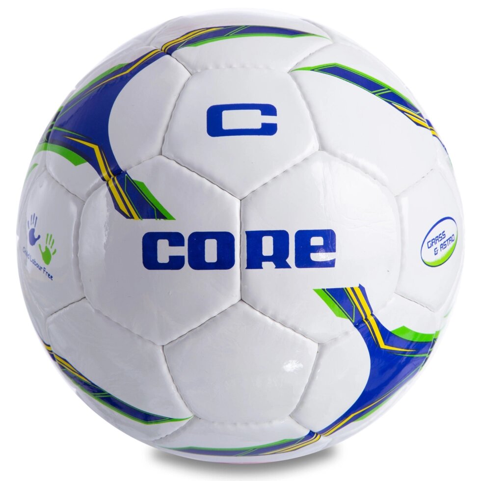 М'яч футбольний №5 PU SHINY CORE FIGHTER CR-028 (№5, 4 сл., зшитий вручну, білий-синій-зелений) від компанії Спортивний інтернет - магазин "One Sport" - фото 1
