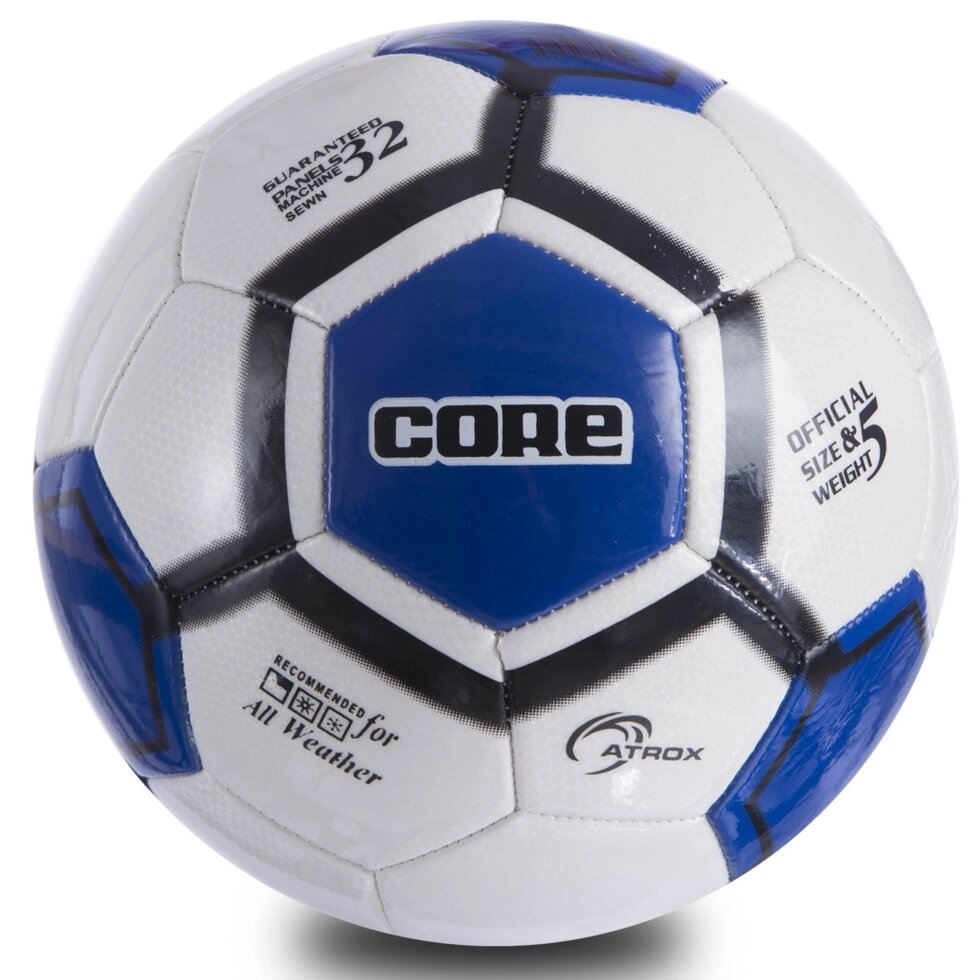 М'яч футбольний №5 PVC Зшитий машинним способом CORE ATROX CRM-051 (№5, 5сл., білий-чорний-синій) від компанії Спортивний інтернет - магазин "One Sport" - фото 1