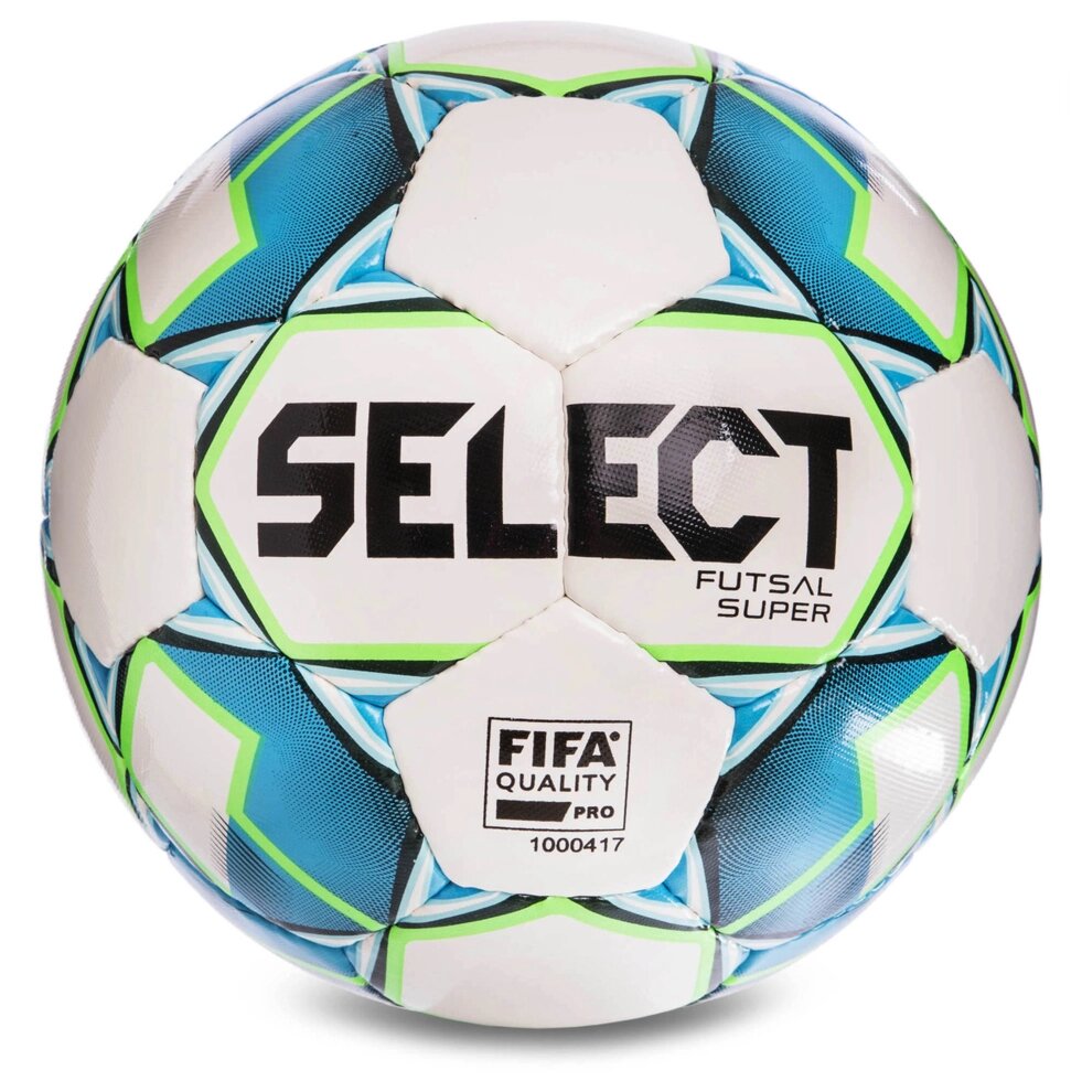 М'яч футзальний №4 SELECT FUTSAL SUPER ФІФА (FIFA APPROVED) (FPUS 1700, білий-зелений-синій) від компанії Спортивний інтернет - магазин "One Sport" - фото 1