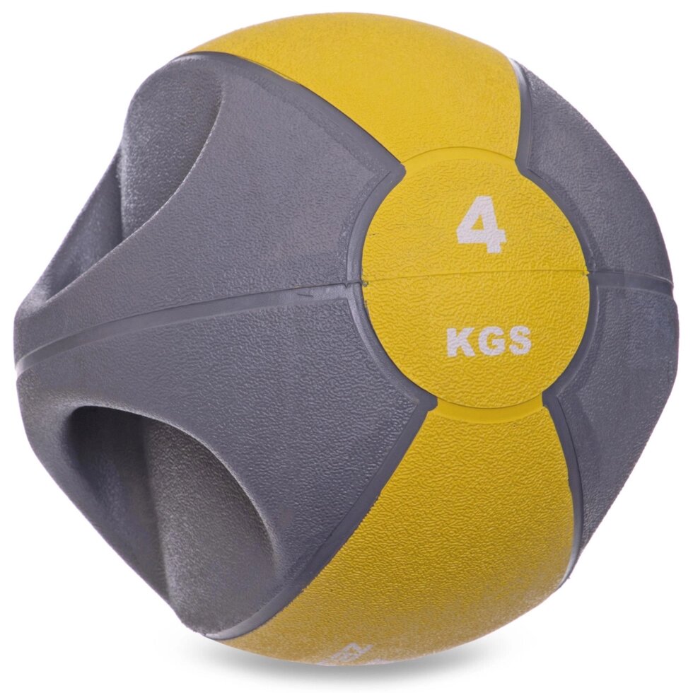 М'яч медичний медбол з двома ручками Zelart FI-2619-4 4кг сірий-жовтий від компанії Спортивний інтернет - магазин "One Sport" - фото 1