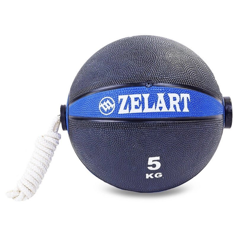 М'яч медичний медбол з мотузкою Zelart Medicine Ball FI-5709-5 5кг (гума, d-24см, чорний-синій) від компанії Спортивний інтернет - магазин "One Sport" - фото 1