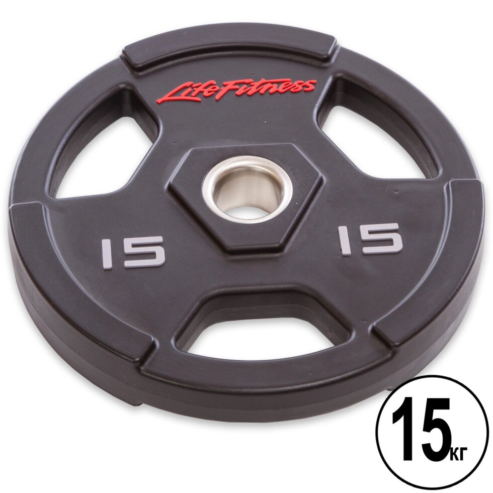 Млинці (диски) поліуретанові з хватом і металевою втулкою d-51мм Life Fitness SC-80154-15 15кг (чорний) від компанії Спортивний інтернет - магазин "One Sport" - фото 1