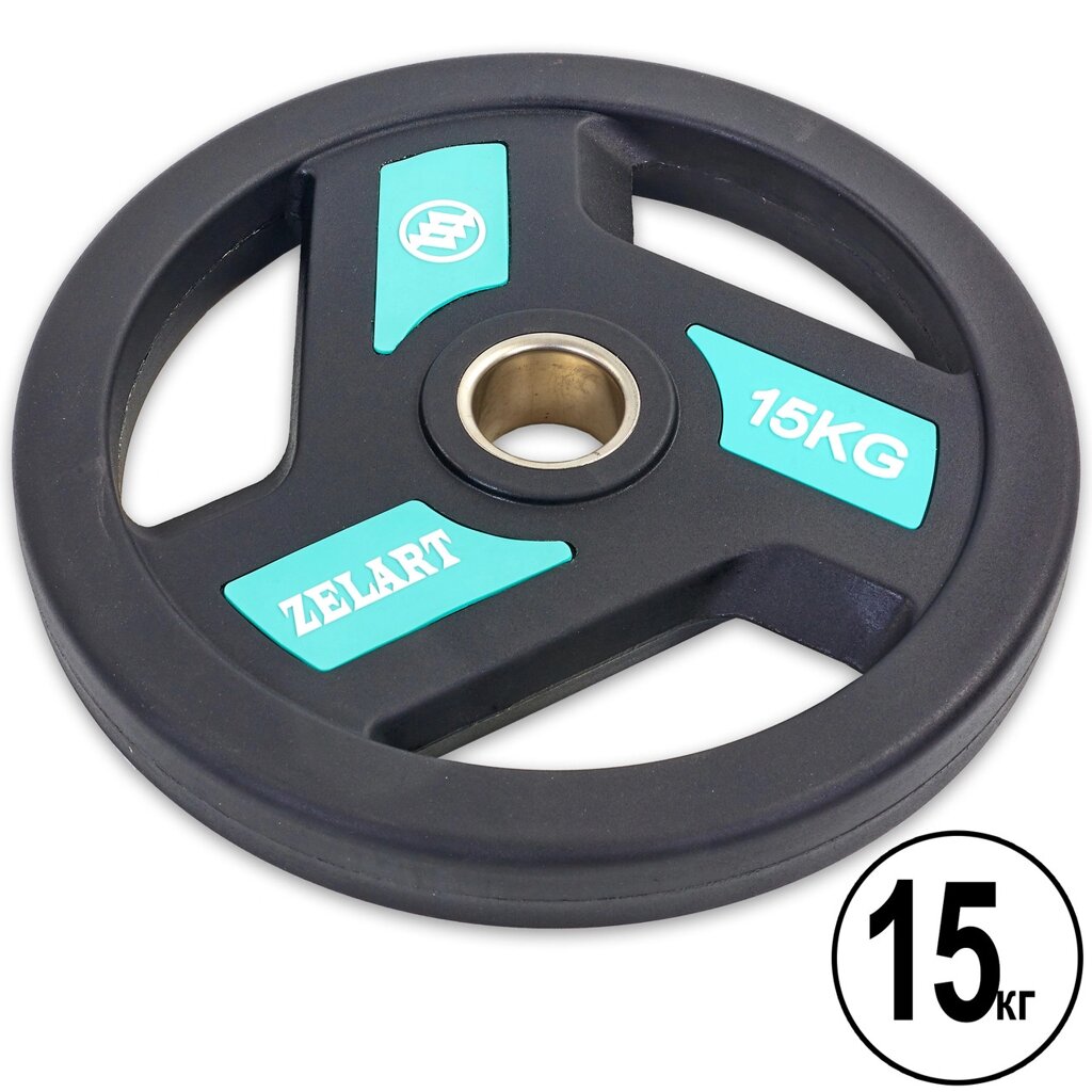 Млинці (диски) поліуретанові з хватом і металевою втулкою d-51мм Zelart TA-5344-15 15кг (чорний) від компанії Спортивний інтернет - магазин "One Sport" - фото 1