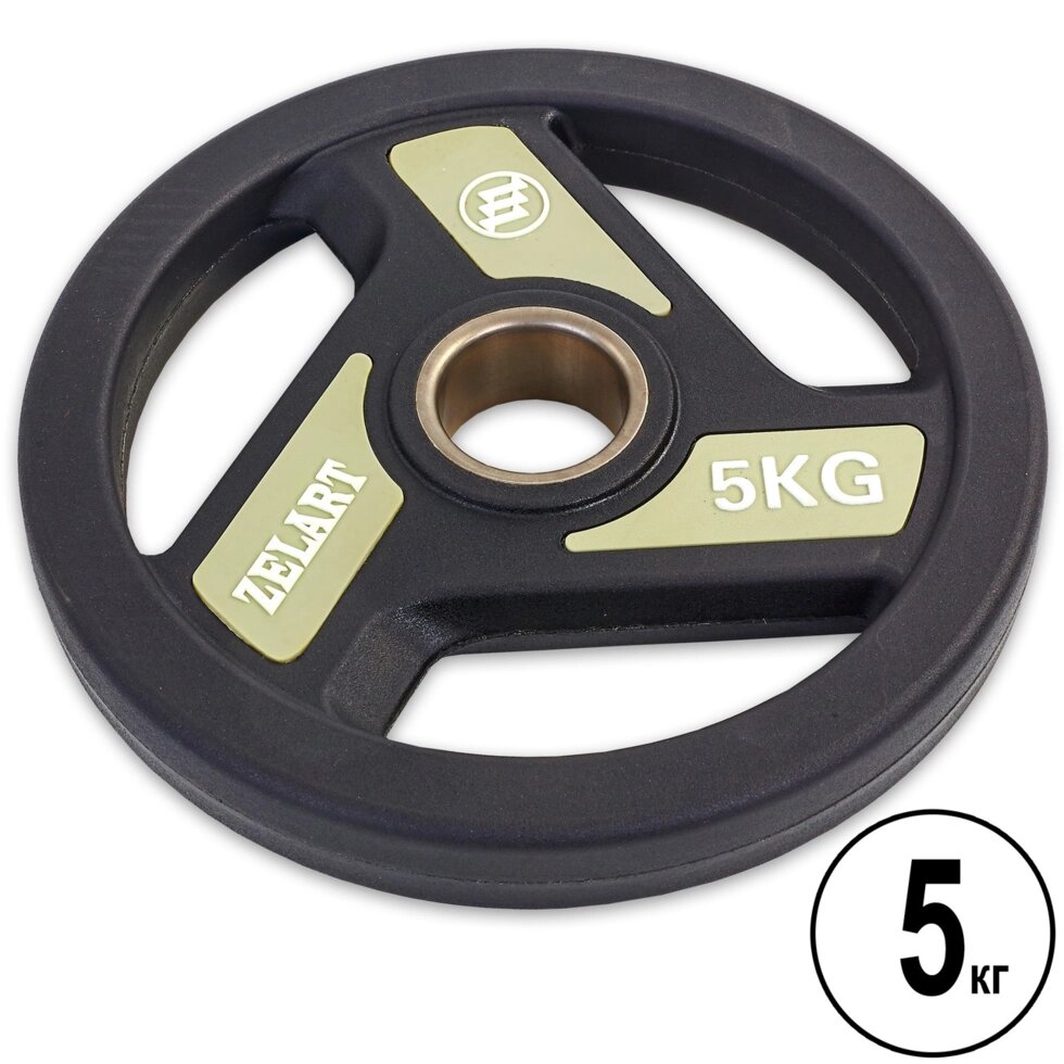 Млинці (диски) поліуретанові з хватом і металевою втулкою d-51мм Zelart TA-5344-5 5кг (чорний) від компанії Спортивний інтернет - магазин "One Sport" - фото 1