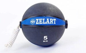 М'яч медичний медбол з мотузкою Zelart Medicine Ball FI-5709-5 5кг (гума, d-24см, чорний-синій)