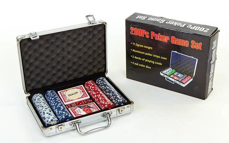 Набір для покеру в алюмінієвому кейсі IG-2056 на 200 фішок номіналом (2 кол. карт,5куб) від компанії Спортивний інтернет - магазин "One Sport" - фото 1
