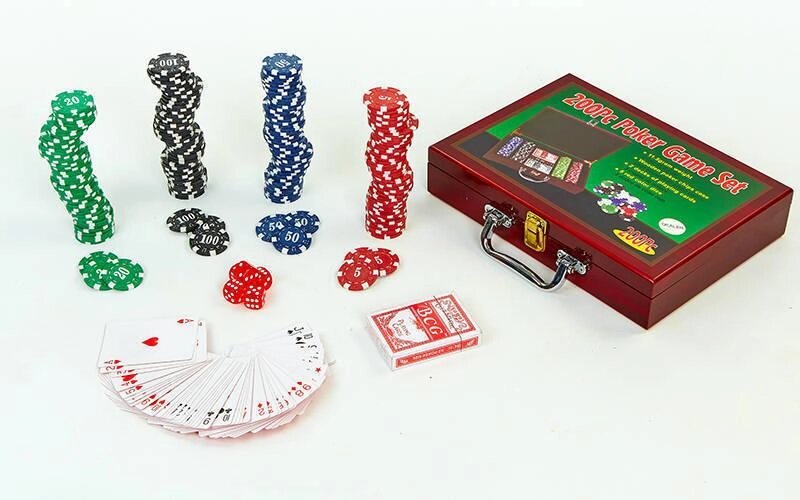 Набір для покеру в дерев'яному кейсі IG-6642 на 200 фішок номіналом (2 кол. карт,5куб) від компанії Спортивний інтернет - магазин "One Sport" - фото 1