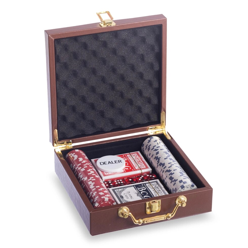 Набір для покеру в кожзам валізі PK100L на 100 фішок номіналом (р-р 21х21х7,5см) від компанії Спортивний інтернет - магазин "One Sport" - фото 1