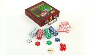 Набір для покеру в дерев'яному кейсі IG-6641 на 100 фішок номіналом (2 кол. карт,5куб)