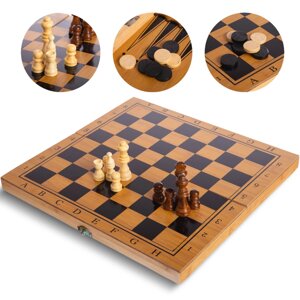 Шахи, шашки, нарди 3 в 1 бамбукові B-3135 (фігури-дерево, р-р дошки 34х34см)