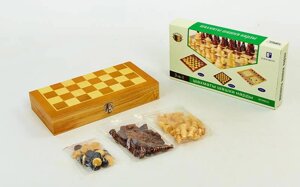 Шахи, шашки, нарди 3 в 1 дерев'яні W3517 (фігури-дерево, р-р дошки 35см x 35см)
