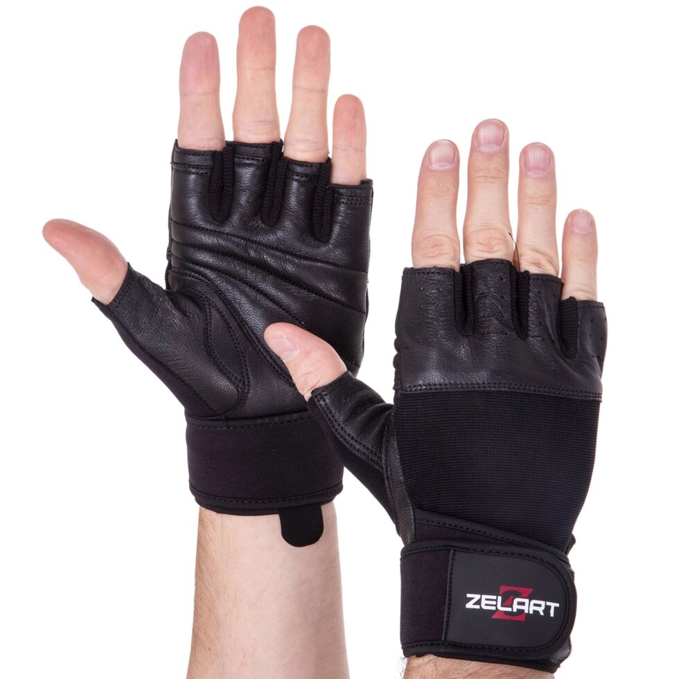 Перчатки для тяжелой атлетики кожаные Zelart SB-161069 S-XXL черный ##от компании## Спортивный интернет - магазин "One Sport" - ##фото## 1