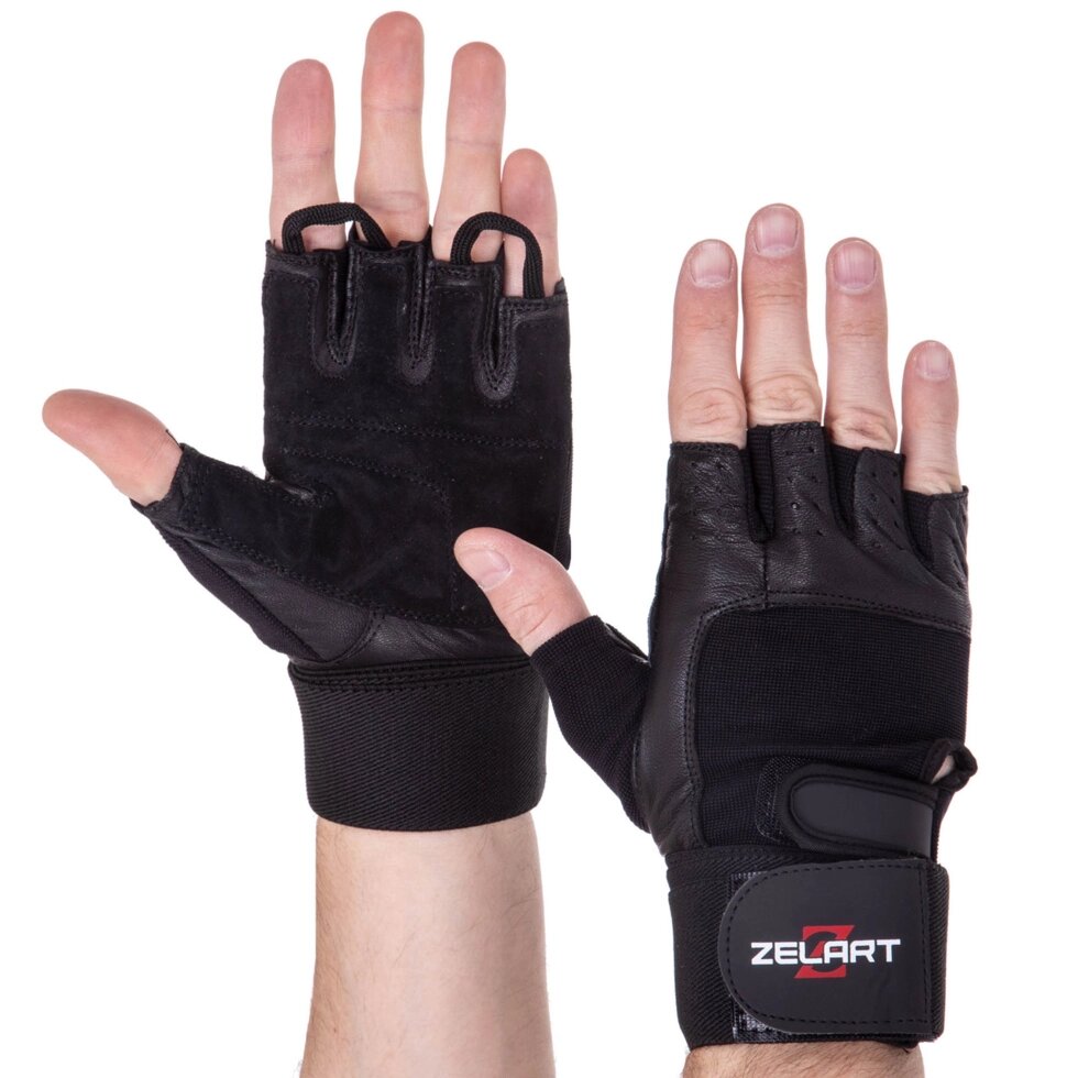 Перчатки для тяжелой атлетики кожаные Zelart SB-161085 S-XXL черный ##от компании## Спортивный интернет - магазин "One Sport" - ##фото## 1