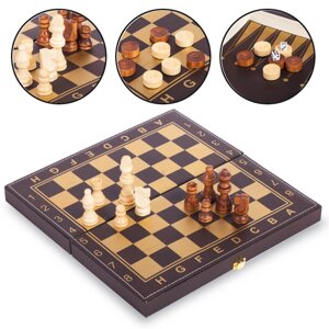 Шахи, шашки, нарди 3 в 1 кожзам L3008 (фігури-дерево, р-р дошки 30х30см, чорний-золотий)