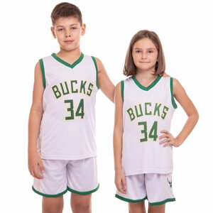 Форма баскетбольная детская NBA BUCKS 34 Zelart 3582 S-2XL белый-зеленый