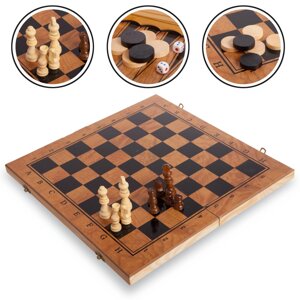 Шахи, шашки, нарди 3 в 1 дерев'яні S3029 (фігури-дерево, р-р дошки 29см x 29см)