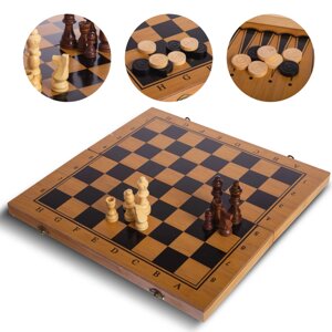 Шахи, шашки, нарди 3 в 1 бамбукові B-3140 (фігури-дерево, р-р дошки 39х39см)