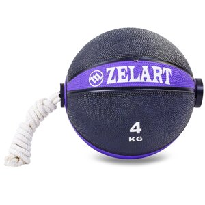 М'яч медичний медбол з мотузкою Zelart Medicine Ball FI-5709-4 4кг (гума, d-21,6 см, чорний-фіолетовий)
