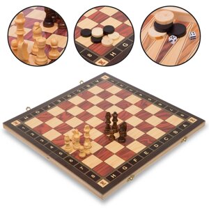Шахи, шашки, нарди 3 в 1 дерев'яні з магнітом ZC039A (фігури-дерево, р-р дошки 39див x 39див)
