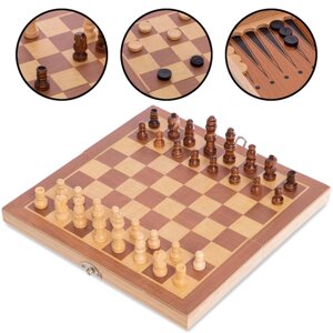 Шахи, шашки, нарди 3 в 1 дерев'яні W2408 (фігури-дерево, р-р дошки 24см x 24см)