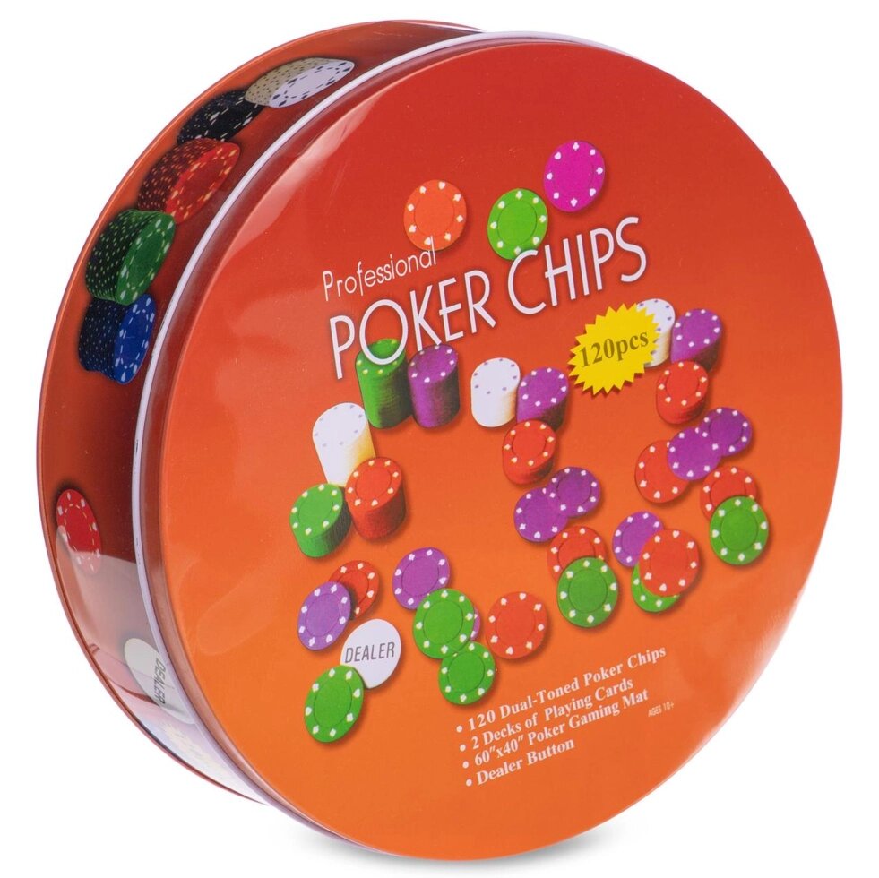 Покерний набір в круглій металевій коробці-120 фішок IG-6617 (з номіналом,2кол. карт, полотно) від компанії Спортивний інтернет - магазин "One Sport" - фото 1