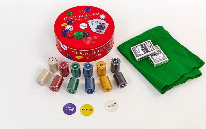 Покерний набір в круглій металевій коробці-240 фішок IG-6616 (з номіналом,2кол. карт, полотно) від компанії Спортивний інтернет - магазин "One Sport" - фото 1