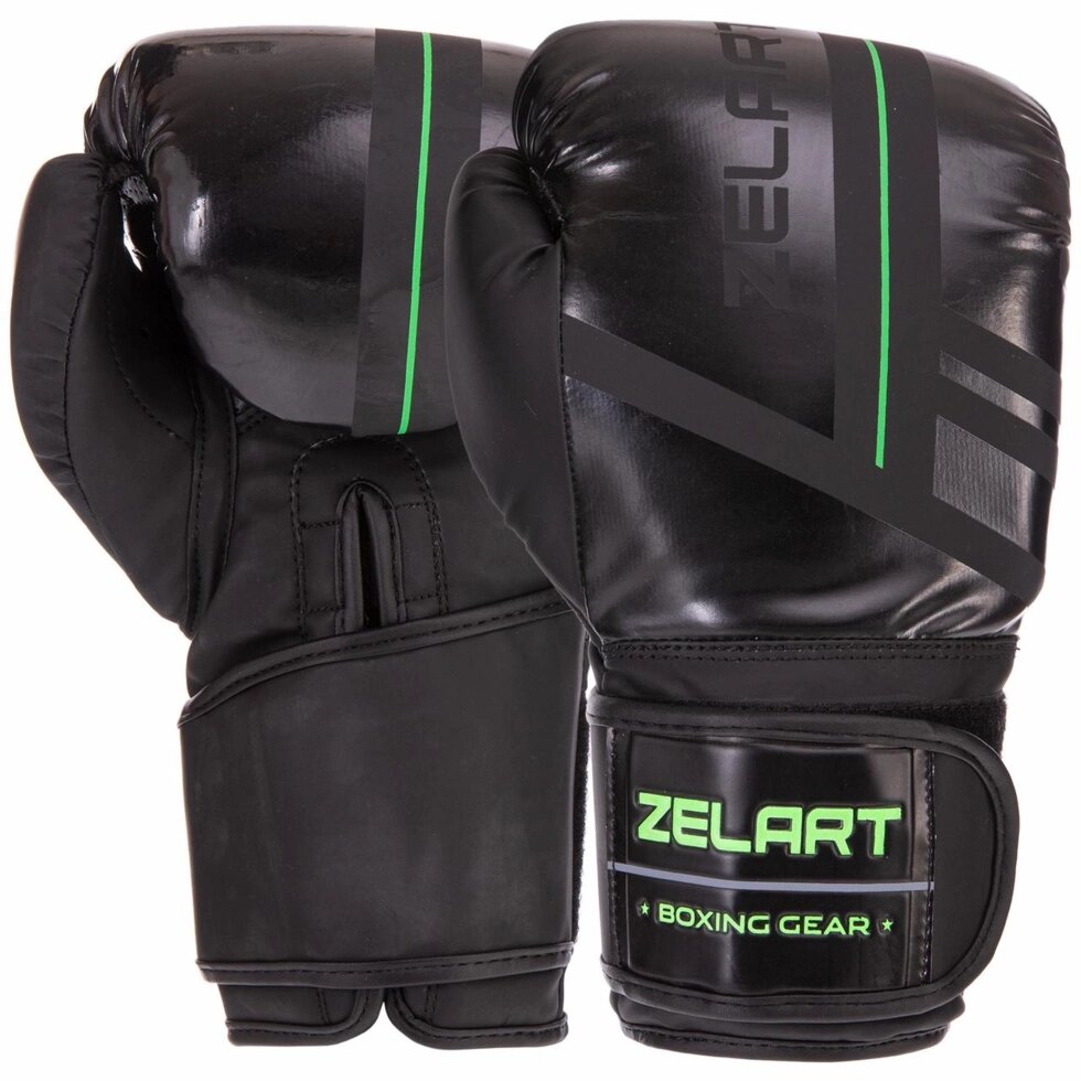 Рукавички боксерські Zelart VL-3085 8-14 унцій чорний-салатовий від компанії Спортивний інтернет - магазин "One Sport" - фото 1