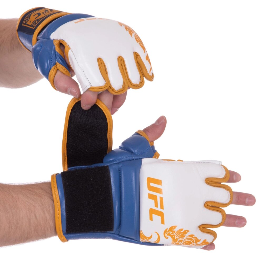 Рукавички для змішаних єдиноборств MMA шкіряні UFC TrueThai UTT-75399 S-M синій-білий від компанії Спортивний інтернет - магазин "One Sport" - фото 1