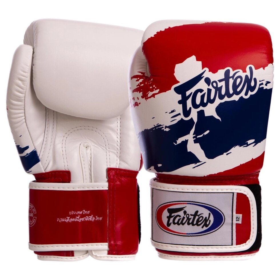 Рукавиці боксерські шкіряні FAIRTEX BGV1-THAI THAI PRINT 10-14 унцій білий-синій-червоний від компанії Спортивний інтернет - магазин "One Sport" - фото 1