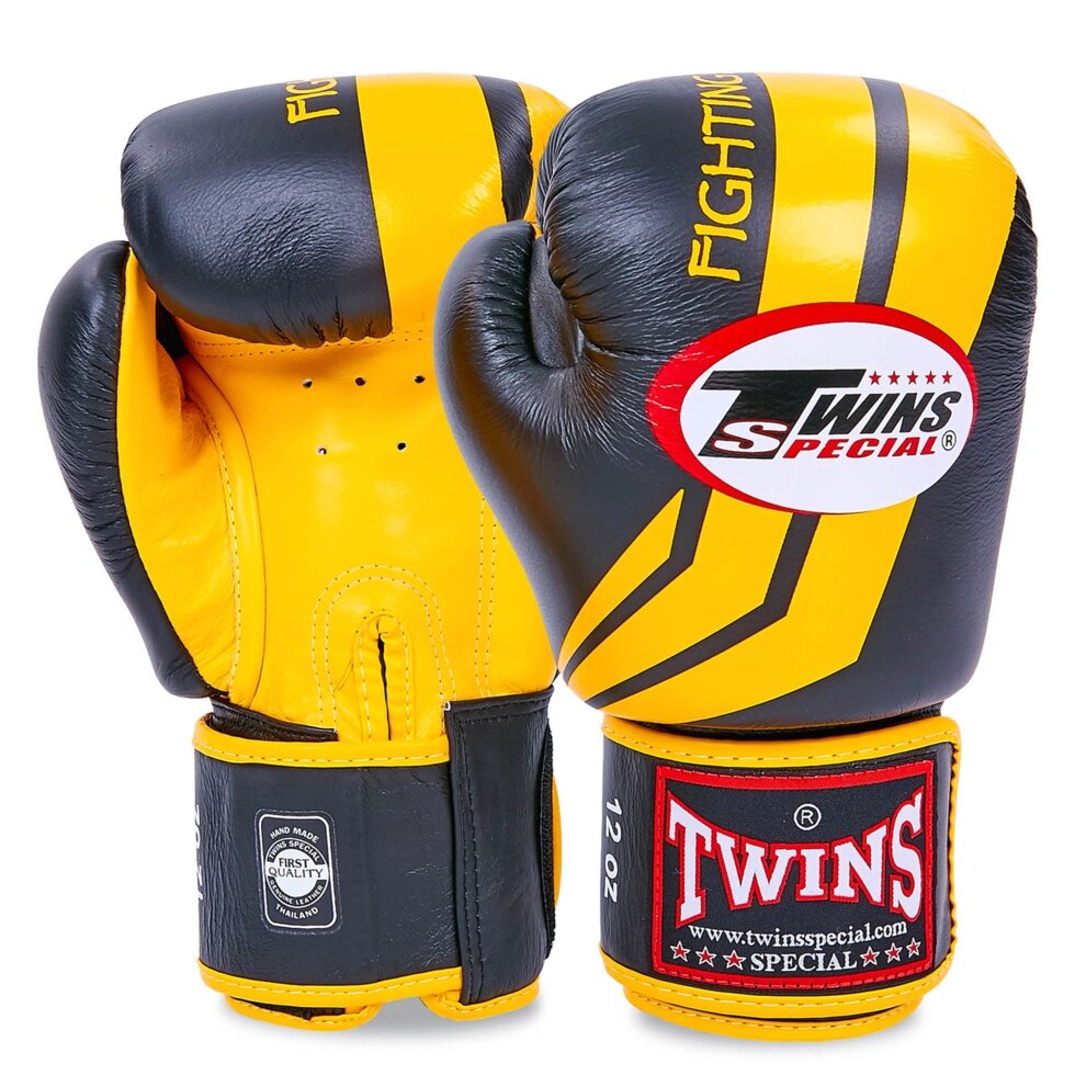 Рукавиці боксерські шкіряні TWINS FBGV-43Y-BK 10-16 унцій чорний-жовтий від компанії Спортивний інтернет - магазин "One Sport" - фото 1