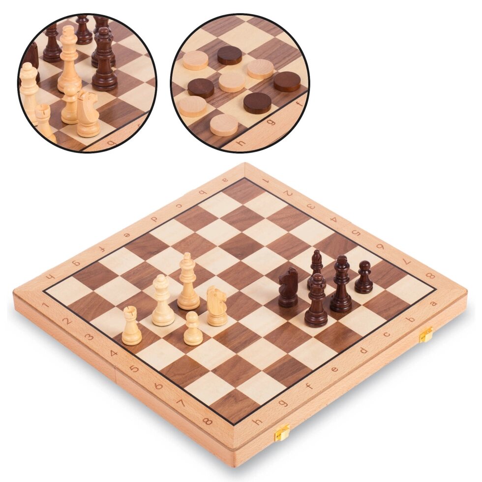 Шахи, шашки 2 в 1 дерев'яні W9042 (фігури-дерево, р-р дошки 43 см x 43 см) від компанії Спортивний інтернет - магазин "One Sport" - фото 1