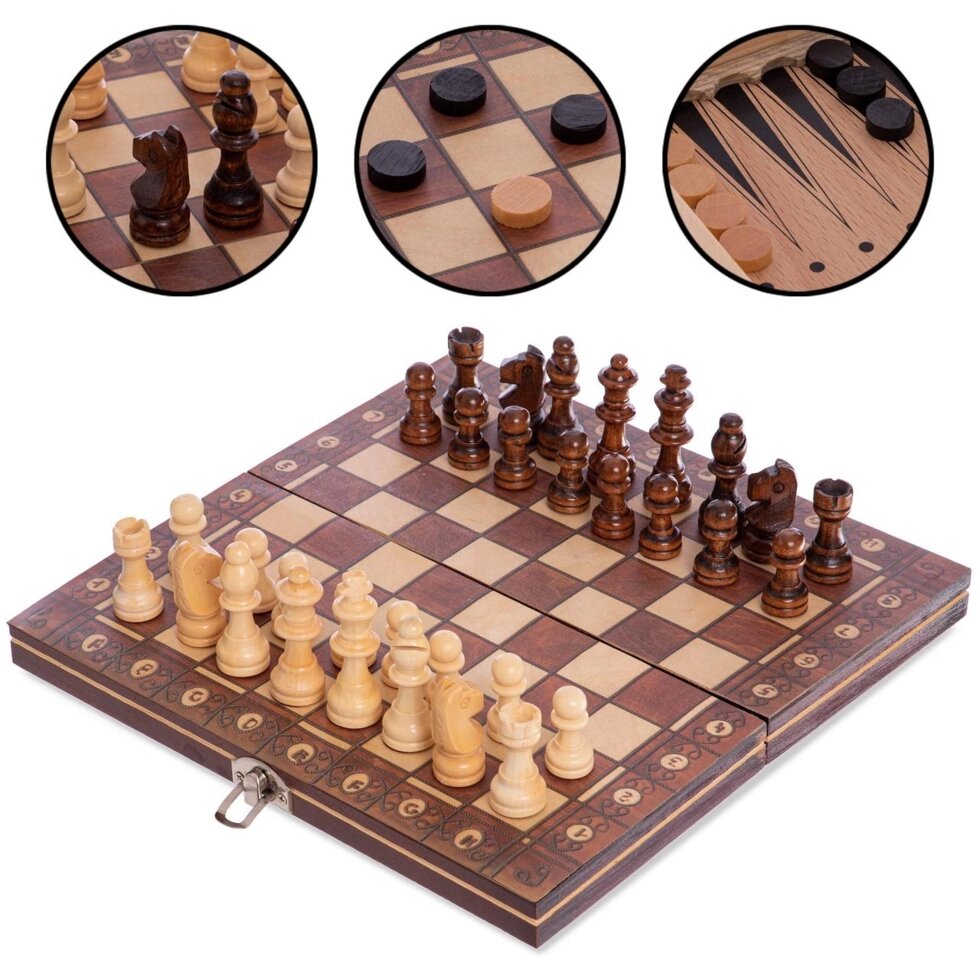 Шахи, шашки, нарди 3 в 1 дерев'яні з магнітом W7701H (фігури-дерево, р-р дошки 24см x 24см) від компанії Спортивний інтернет - магазин "One Sport" - фото 1