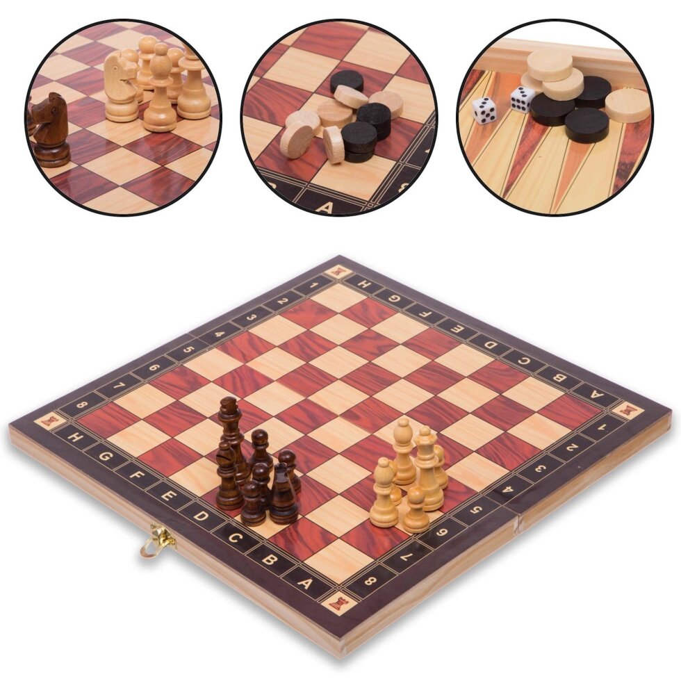 Шахи, шашки, нарди 3 в 1 дерев'яні з магнітом ZC034A (фігури-дерево, р-р дошки 34см x 34см) від компанії Спортивний інтернет - магазин "One Sport" - фото 1