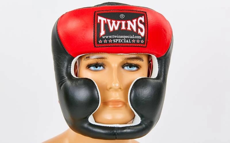 Шолом боксерський з повним захистом шкіряний TWINS HGL-3T M-XL чорний-червоний від компанії Спортивний інтернет - магазин "One Sport" - фото 1