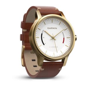 Смарт-годинник Garmin Vivomove Premium зі сталевим корпусом і коричневим шкіряним ремінцем, золотистий