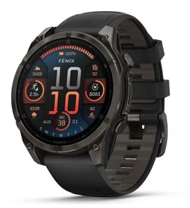 Смарт-годинник Garmin Fenix 8 – 47 мм AMOLED Sapphire, титан DLC Carbon Gray та чорно-сірий силіконовий ремінець