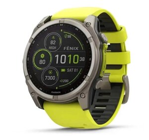 Смарт-годинник Garmin Fenix 8 – 51 мм, Solar Sapphire, титан з яскраво-жовтим/графітовим силіконовим ремінцем