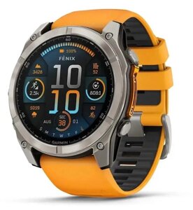 Смарт-годинник Garmin Fenix 8 – 51 мм, AMOLED Sapphire, титан із силіконовим ремінцем кольору Spark Orange/Graphite