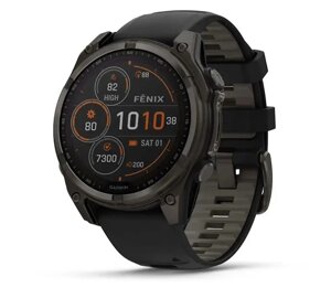 Смарт-годинник Garmin Fenix 8 – 47 мм, Solar Sapphire, титан з DLC-покриттям Carbon Gray та силік ремінцем чор /сір кол